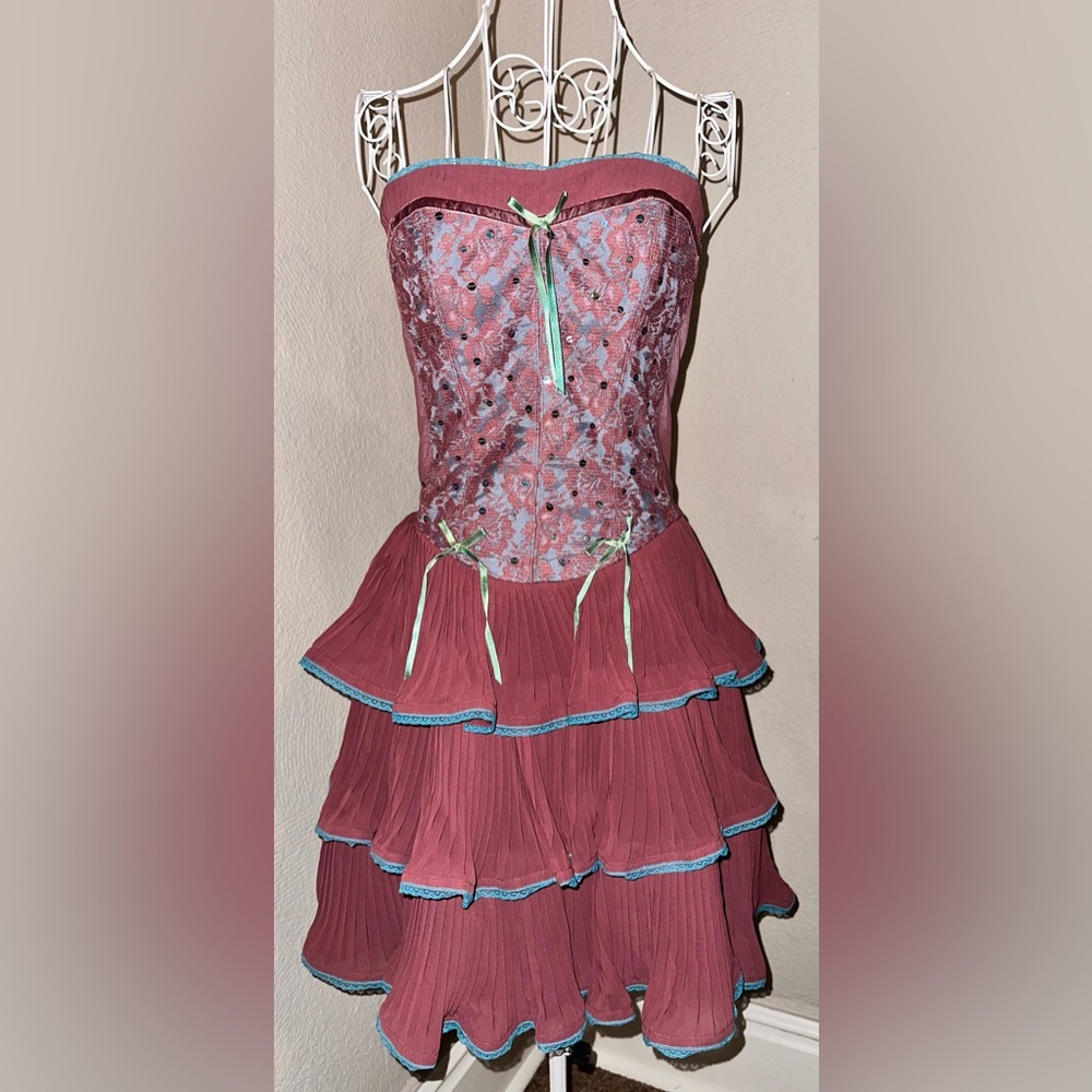 Vintage Betsy Johnson Purple Aqua Corset Lace Velvet Ruffle Dress